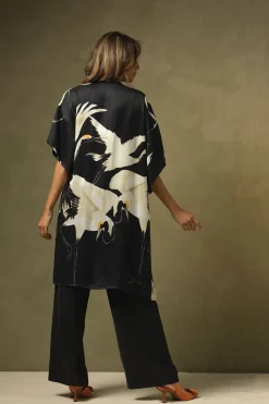 One Hundred Stars Stork Black Midi Kimono