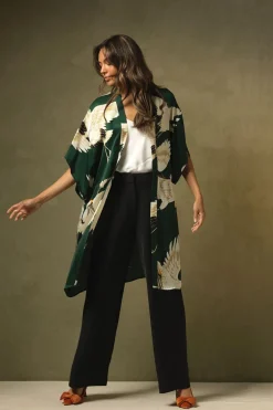 Outlet One Hundred Stars Stork Forest Green Midi Kimono